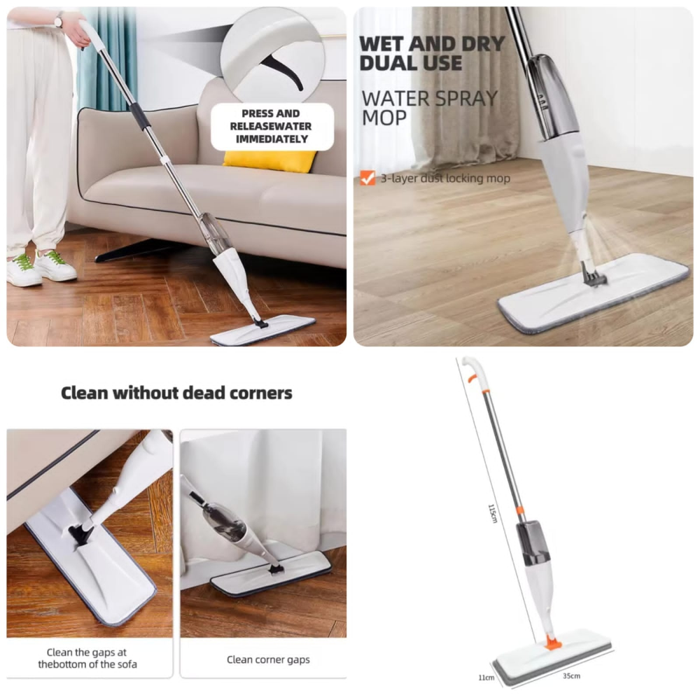 Wet and dry dual use water spray mop cleaning a sofa, floor, and gaps.