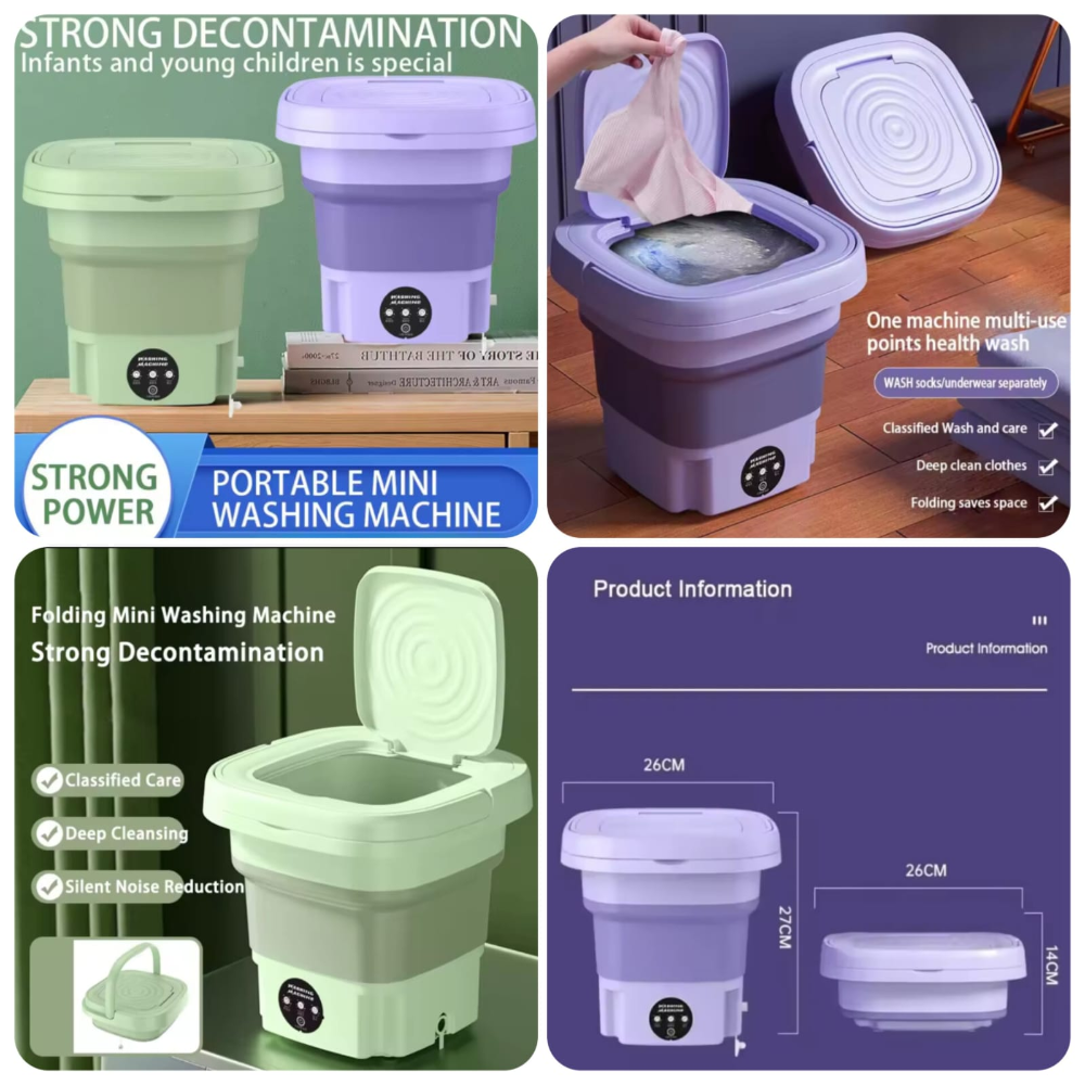 Collage of a portable mini washing machine with features and specifications.
