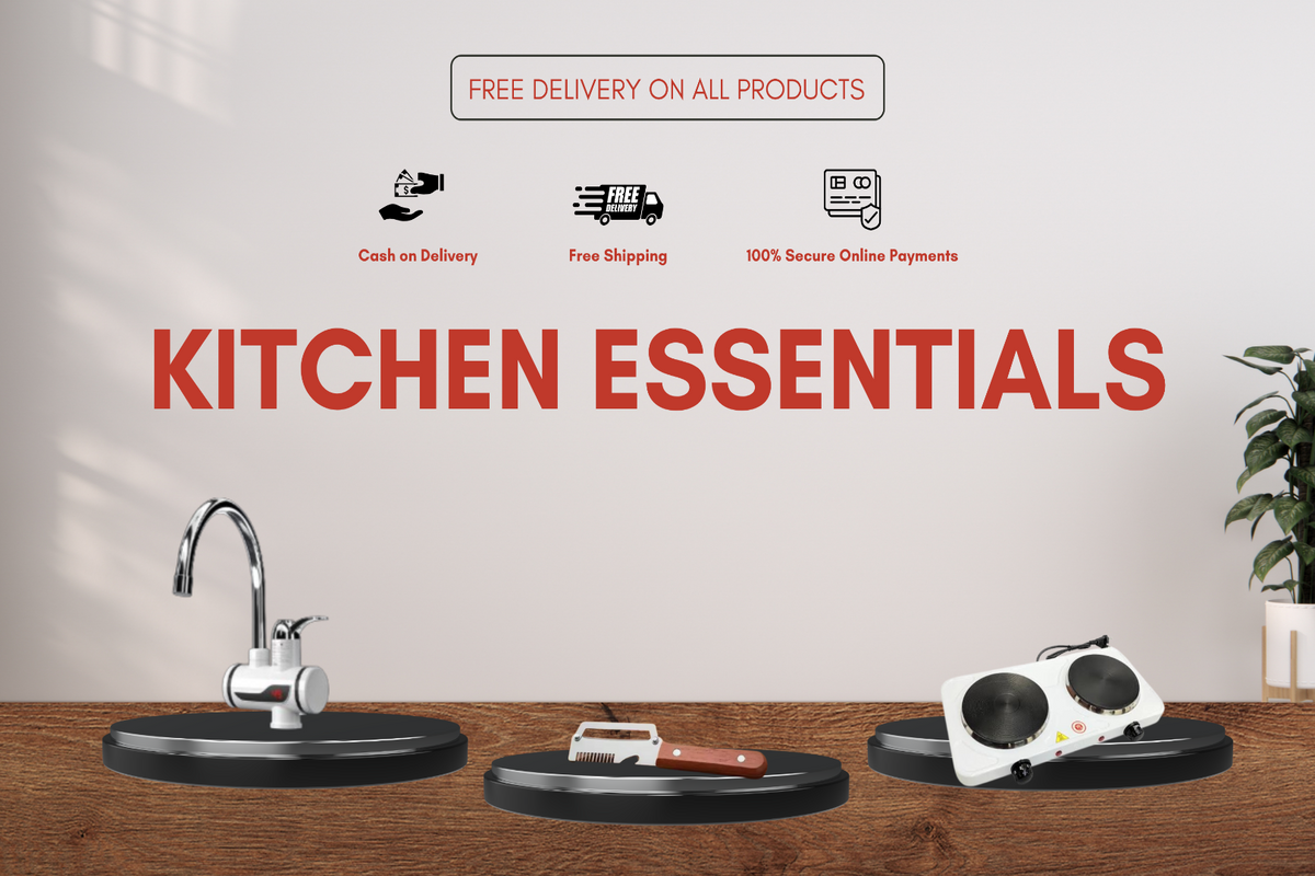 A promotional banner for 'Kitchen Essentials' showing three countertop kitchen tools: a chrome faucet with a black base, a small knife block with a wooden handle and black knobs, and a white electric whisk with black circular attachments. The background is a warm beige wall with promotional text and icons for free delivery and shipping.