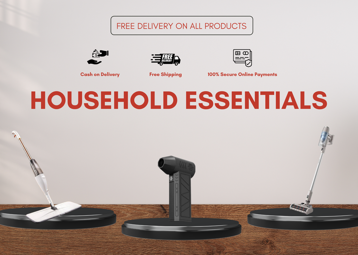 Three cordless household cleaning devices displayed on round black bases on a wooden table against a light wall, with promotional text reading 'HOUSEHOLD ESSENTIALS' and icons for free delivery, cash on delivery, free shipping, and secure online payments.
