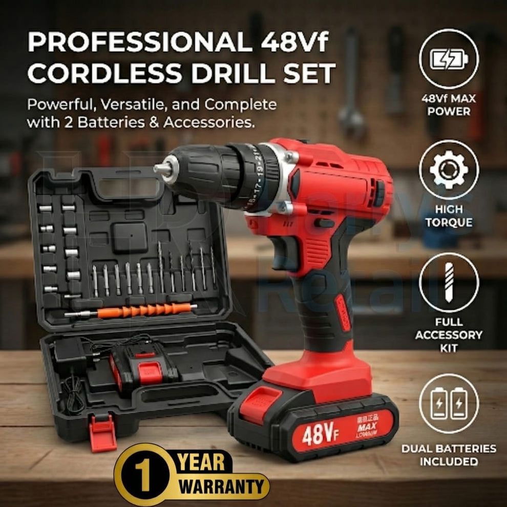 Rechargeable Drill Machine – 48VF Cordless Screwdriver Set with Dual Batteries & LED Light