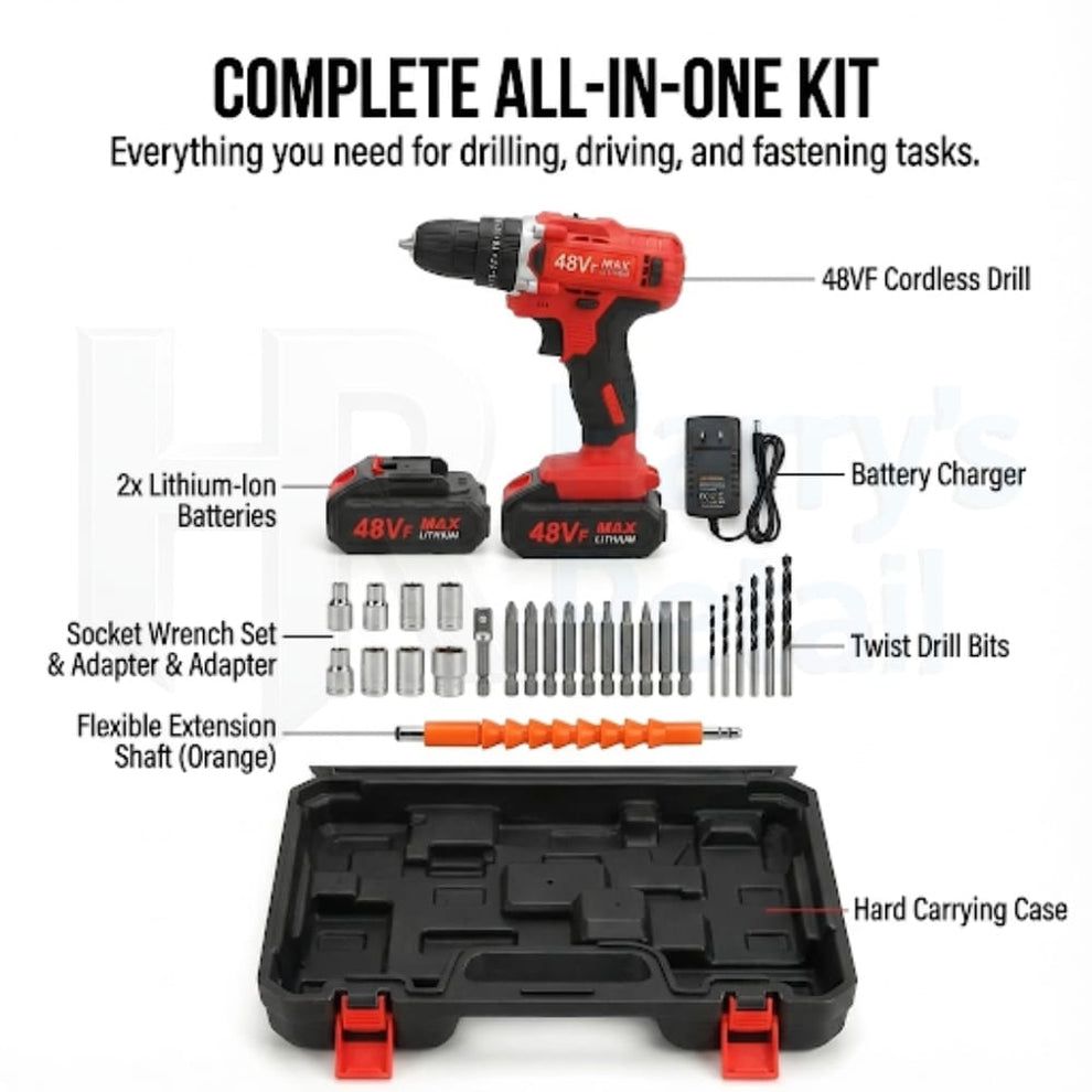 Rechargeable Drill Machine – 48VF Cordless Screwdriver Set with Dual Batteries & LED Light