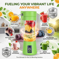 Green portable blender with images of various drinks and text highlighting its features.