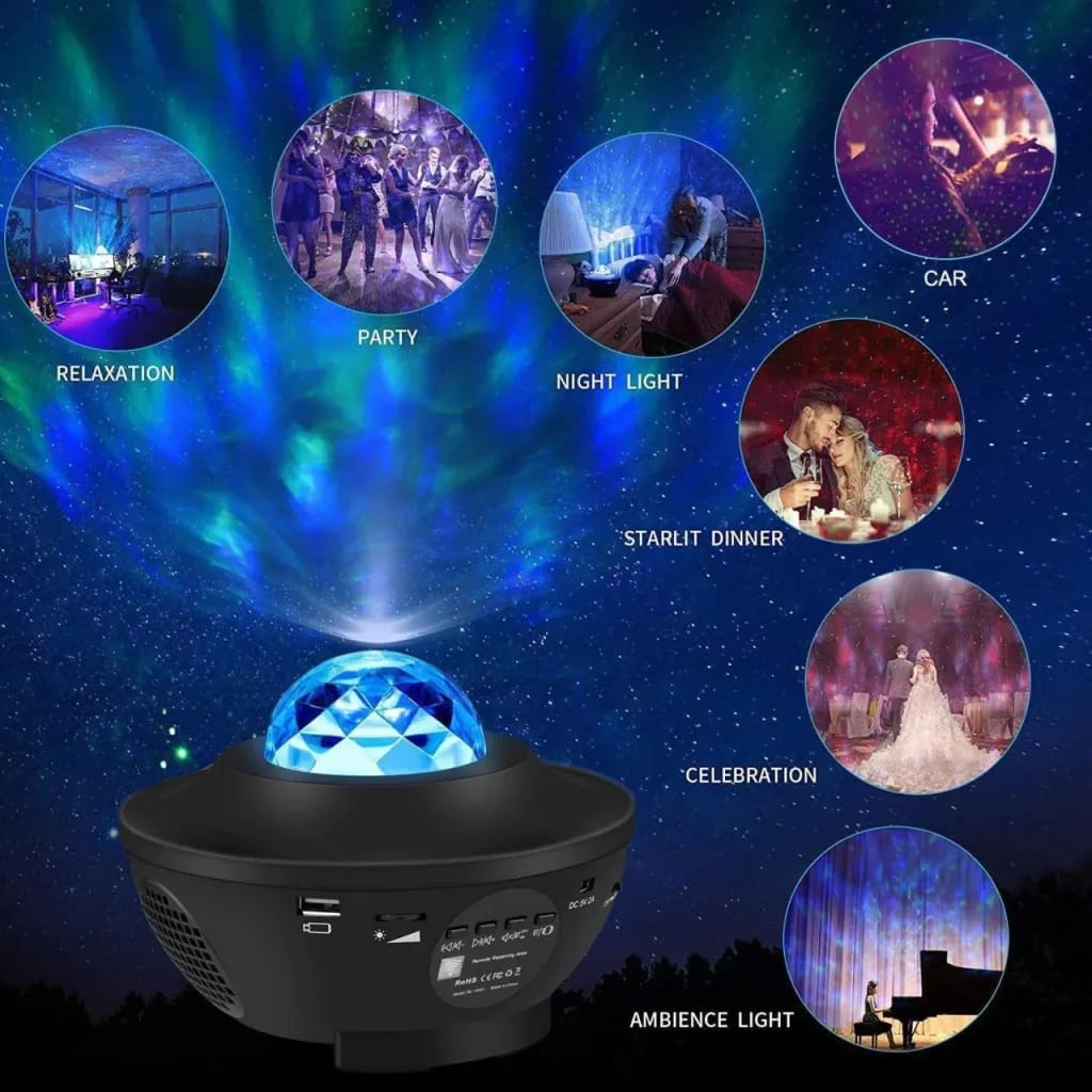 A black projector lamp with a faceted blue crystal dome, shown against a starry night sky background with circular lifestyle photos demonstrating its light projection for relaxation, party, night light, starlit dinner, celebration, and ambiance lighting.
