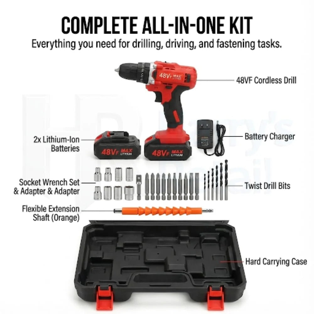 Top Rocket 48V Rechargeable Drill Kit - Heavy-Duty Cordless Power Drill for Professionals
