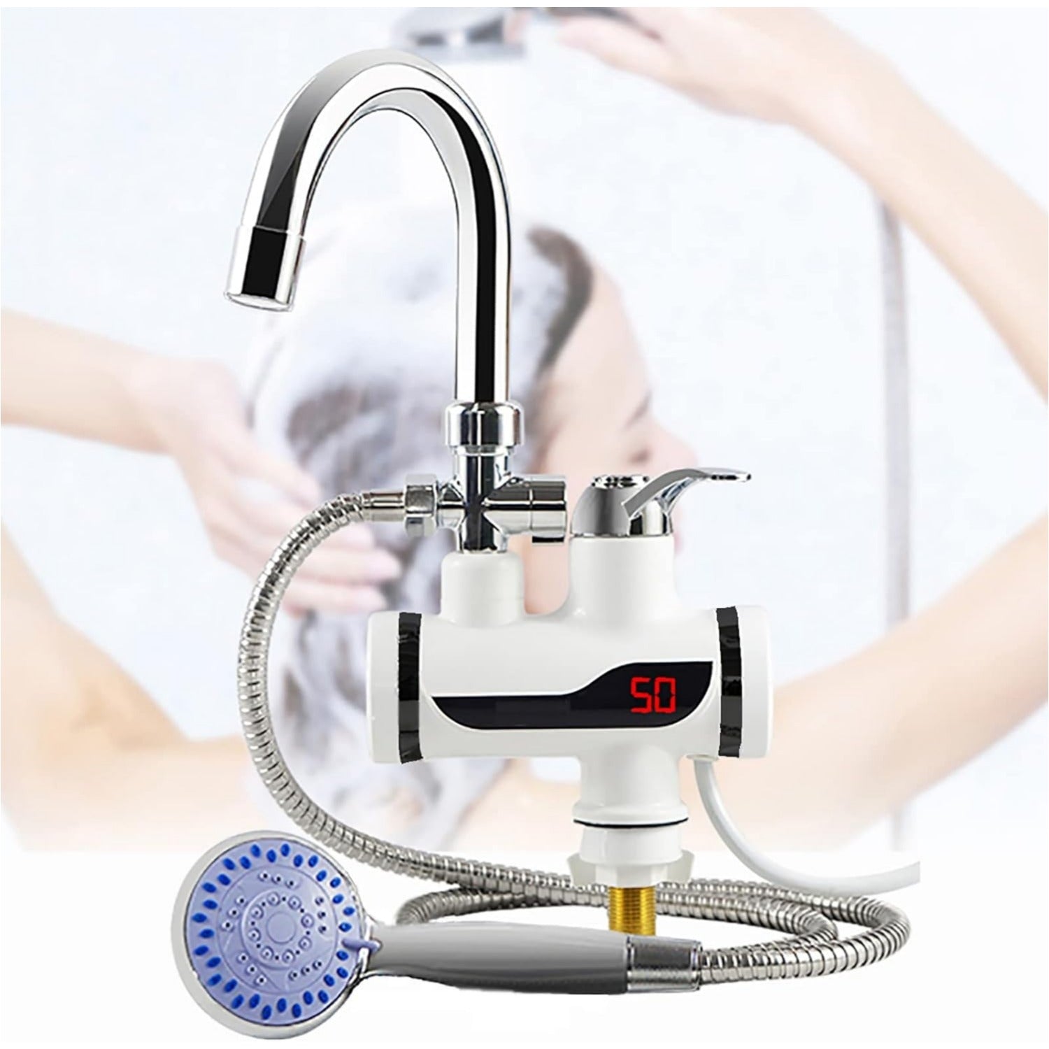 Instant 360° Electric Water Heating Tap with Shower for Bathrooms | Shock-Proof Design | Digital Temp° Display | Hot and Cold Water