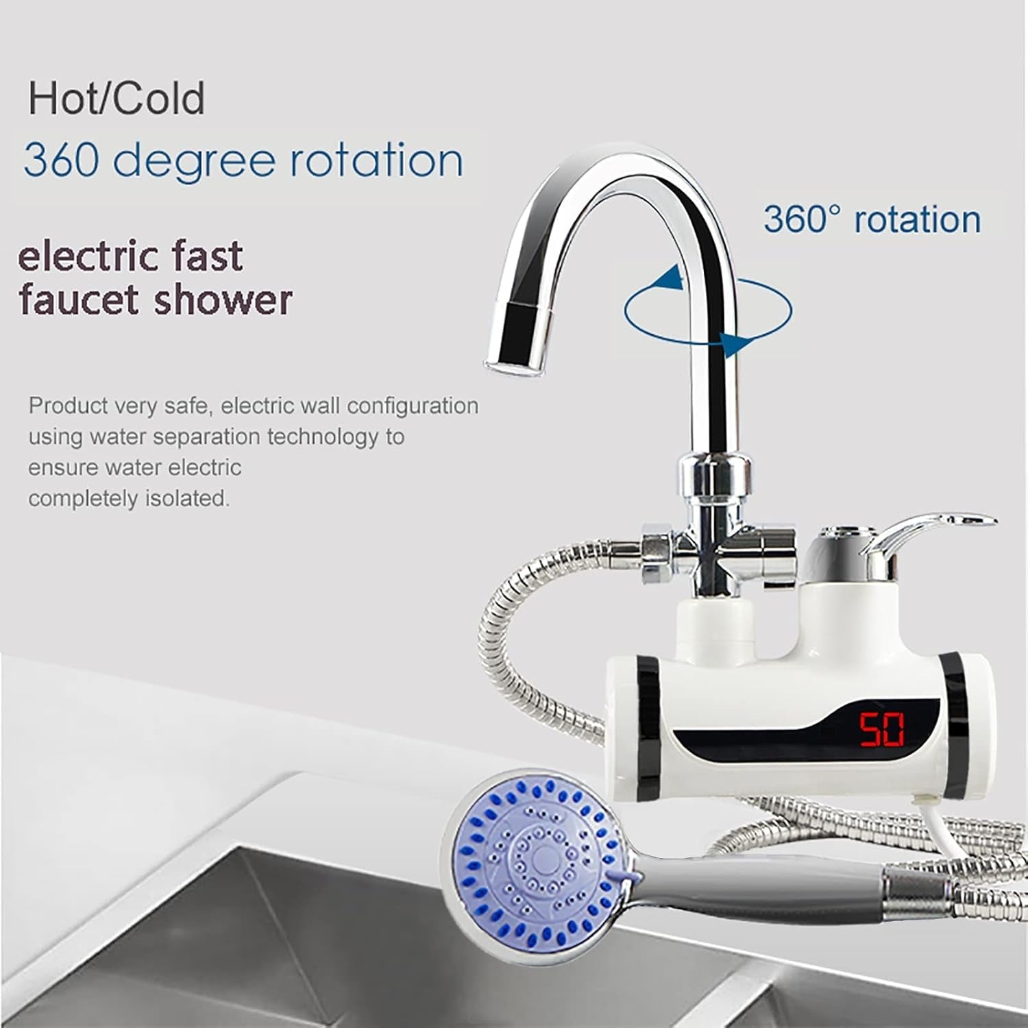 Instant 360° Electric Water Heating Tap with Shower for Bathrooms | Shock-Proof Design | Digital Temp° Display | Hot and Cold Water